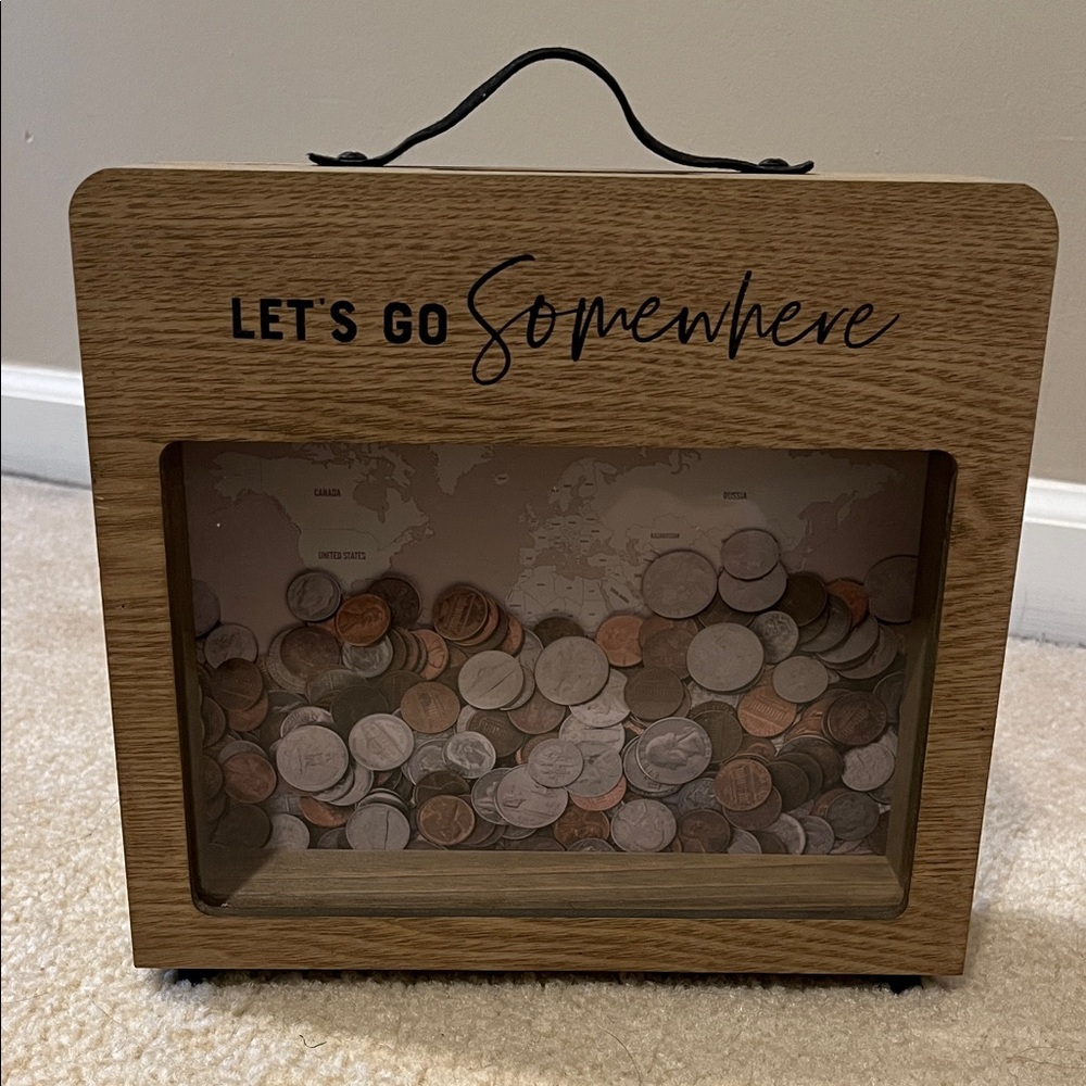 Wooden Coin Bank with Map Design